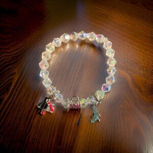 Lipstick, perfume, purse, heels charm bracelet on ab crystal~ 7 in.